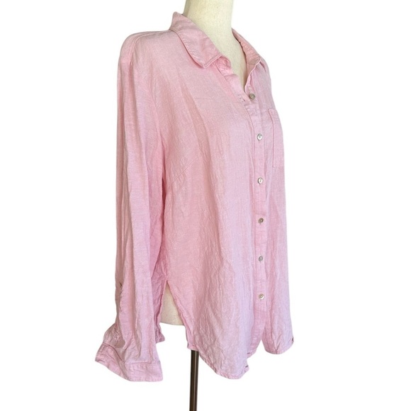 Susan Graver Pink Linen Rayon Blend Long Sleeve Button-down Roll Tab Sleeves M - Picture 11 of 11